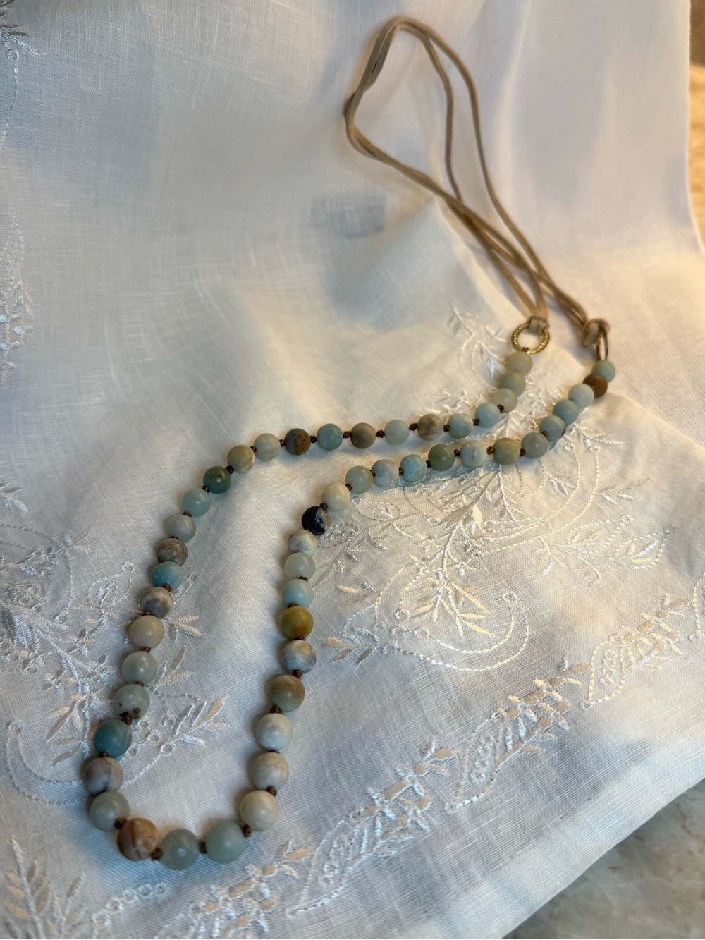 Beaded Amazonite Necklace with Suede Cord - And Bangle in Natural Blue-Green
